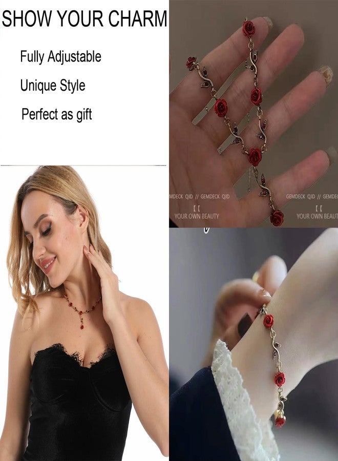 ALAIX 14K Gold Plated Necklaces for Women Dainty Long Rose Pendant Gold Necklace for Girls Vintage Red Flower Women' Necklace Pendant Necklace Earring Bracelet Sets - Image 3